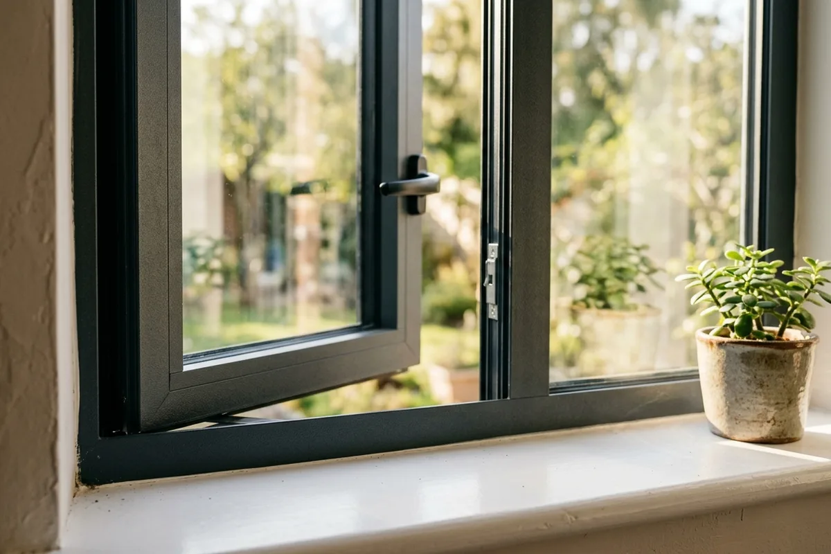 Close view of a slim anthracite aluminium casement with its handle, open to a sunny garden