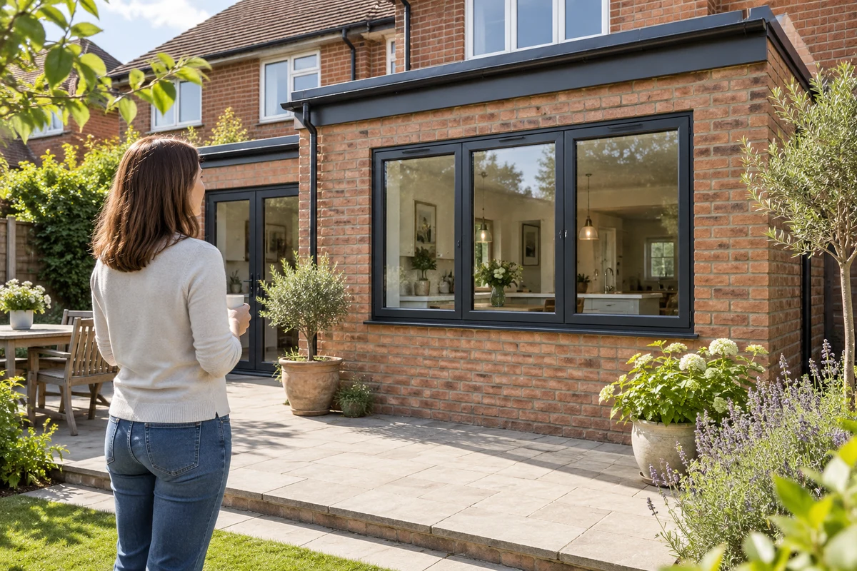 Homeowner on a sunny patio looking at new anthracite aluminium windows in a rear extension