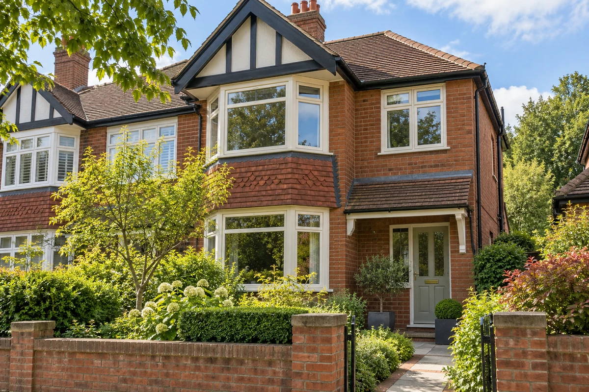 Edwardian brick semi with mock-Tudor gable and cream bay windows
