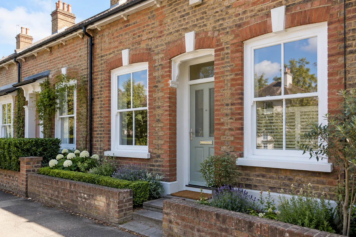 Brick terraced house with white sliding sash windows and a green front door