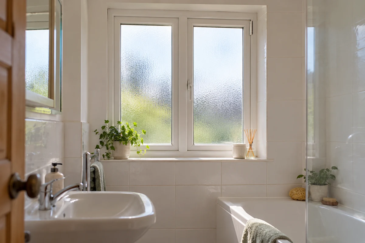 Small white uPVC casement window in a bright bathroom