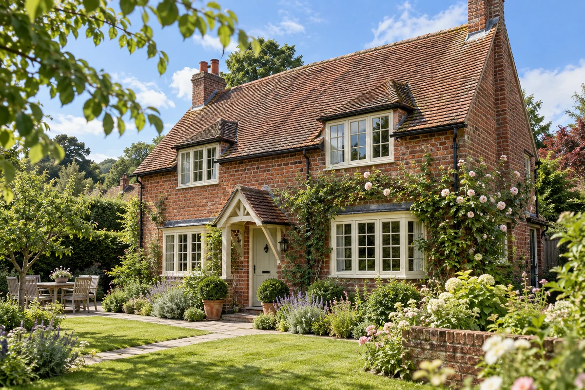 Brick cottage with cream painted timber casement windows and a garden in sunshine