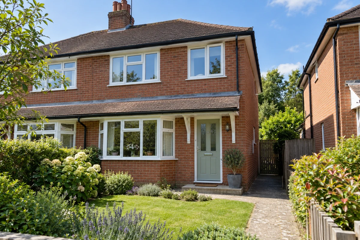 Post-war brick semi with white casement windows on a sunny day