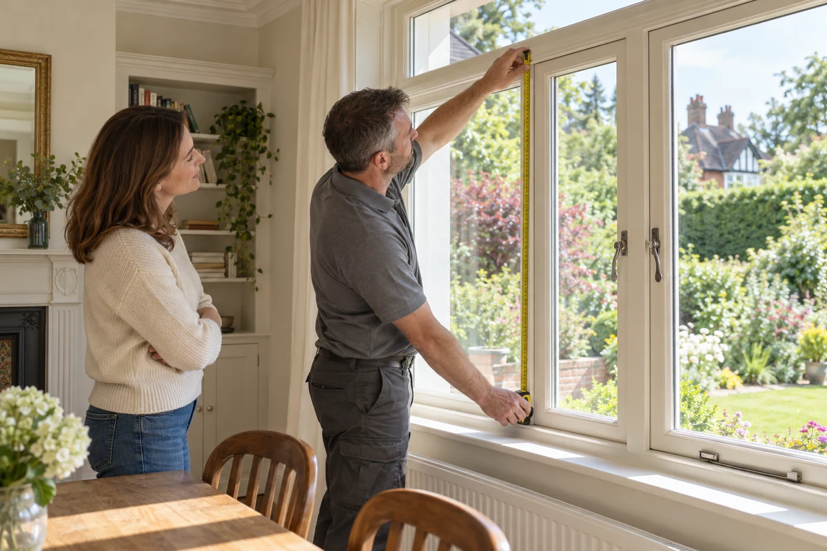 Installer measuring a window opening while the homeowner watches