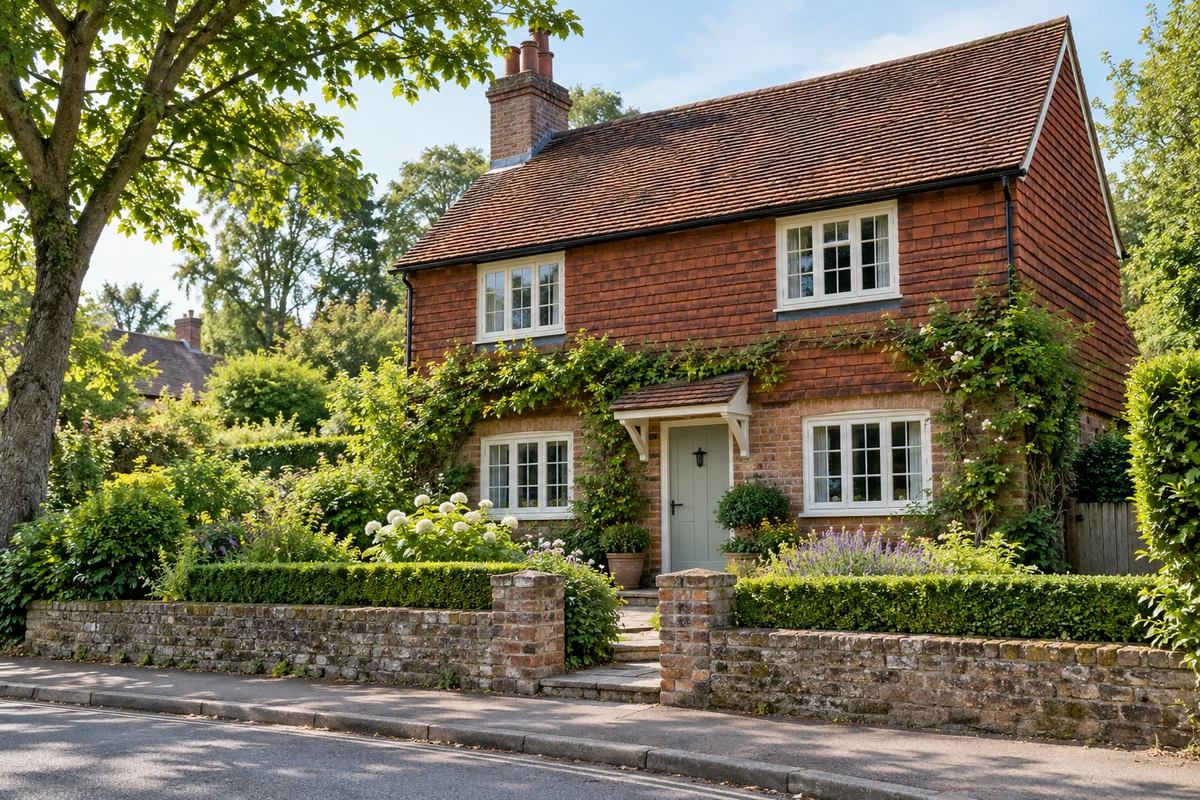 Brick and tile-hung cottage with white casement windows in a sunny garden