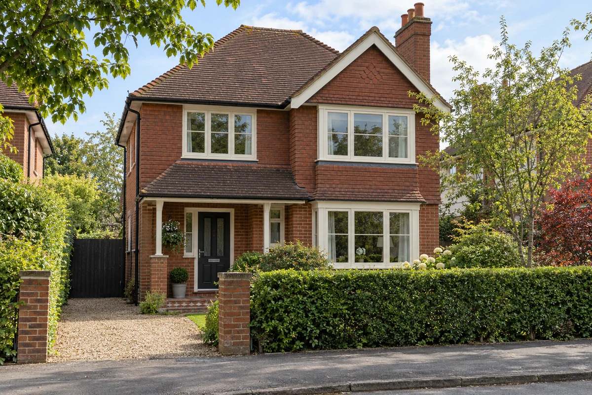 Edwardian brick detached house with white casement windows on a sunny day
