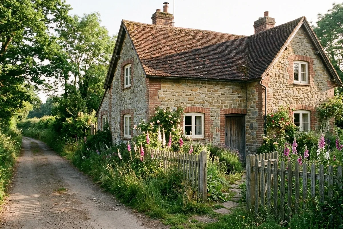 Stone cottage with small painted casement windows under a tiled roof