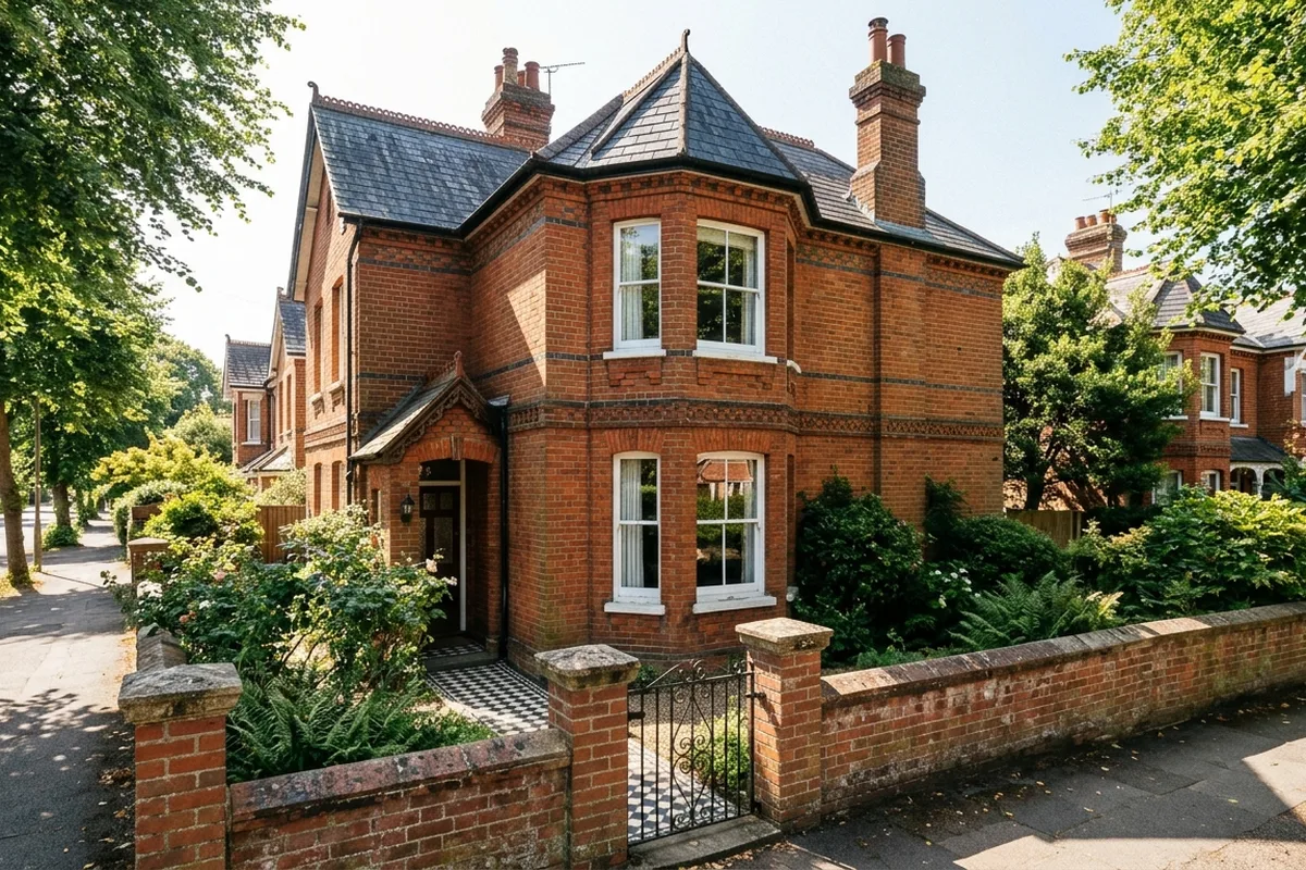 Victorian brick villa with white sash windows on a sunny day