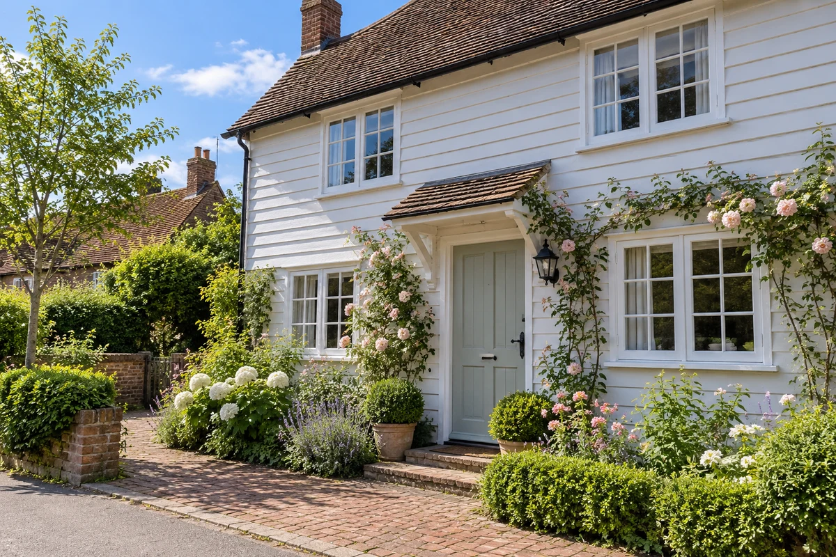 White weatherboarded cottage with white casement windows and a cottage garden in sunshine