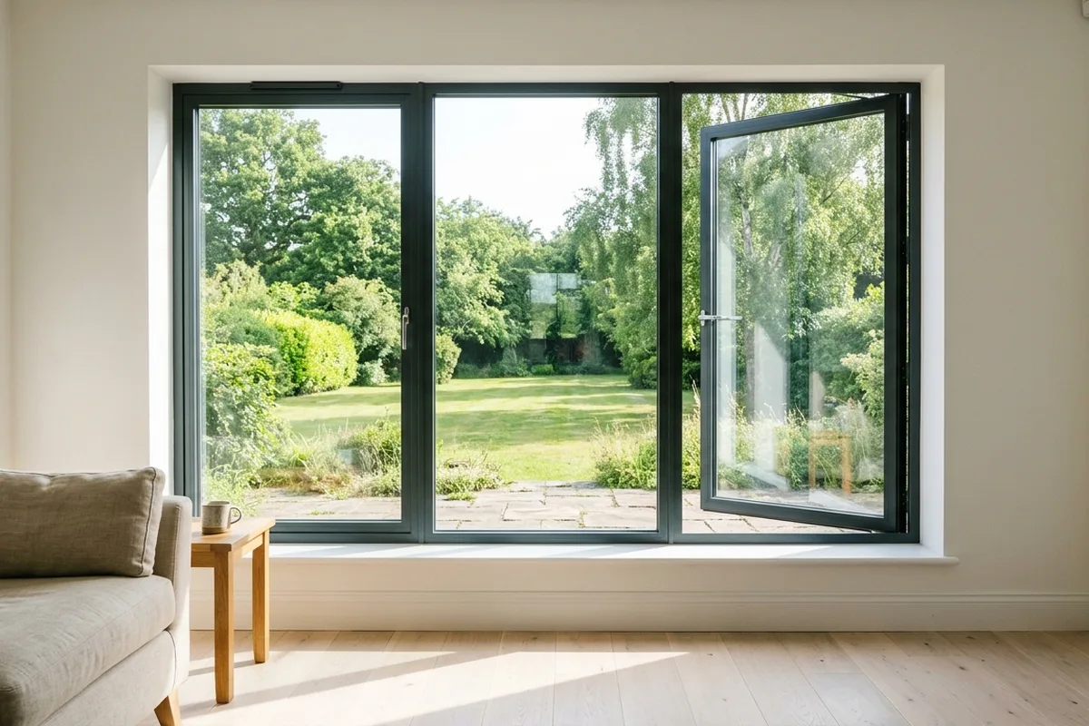 Living room with slim anthracite aluminium windows looking out on a sunny garden