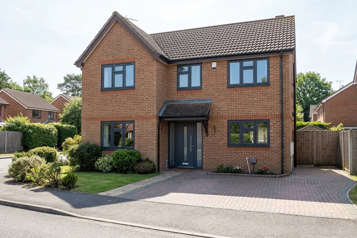 Detached 1990s brick house with six anthracite slimline aluminium casement windows in sunshine