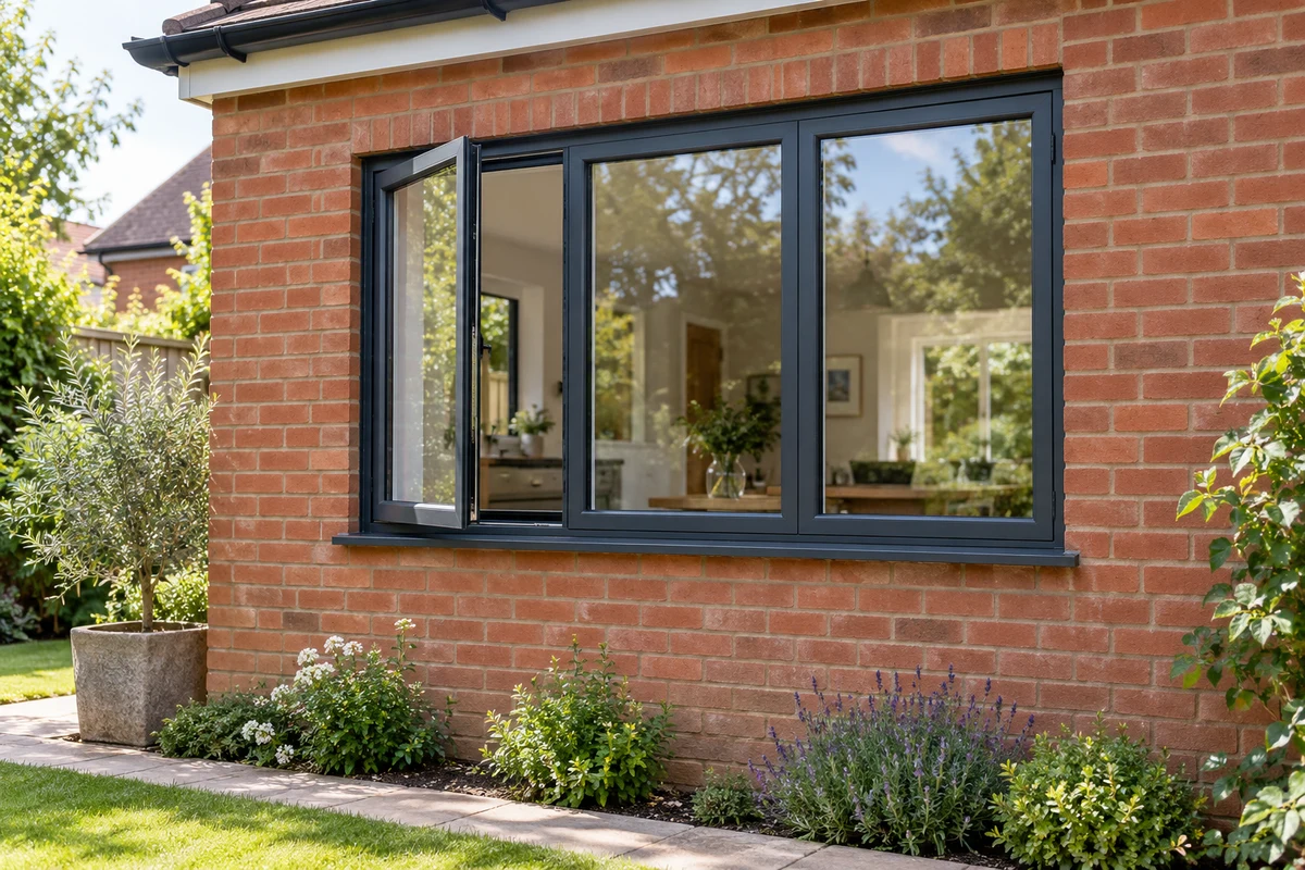 Wide anthracite aluminium casement in a sunny brick wall