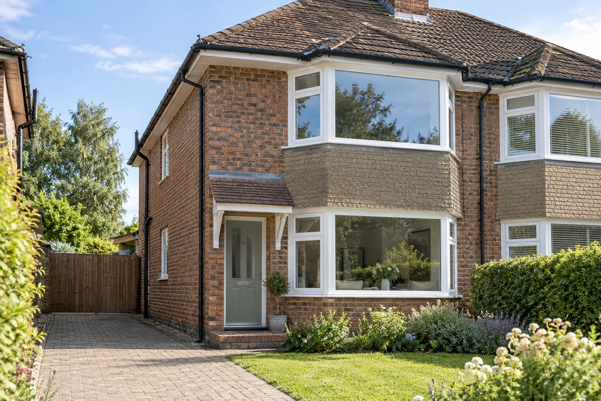 Brick semi with white three-part bay windows on both floors