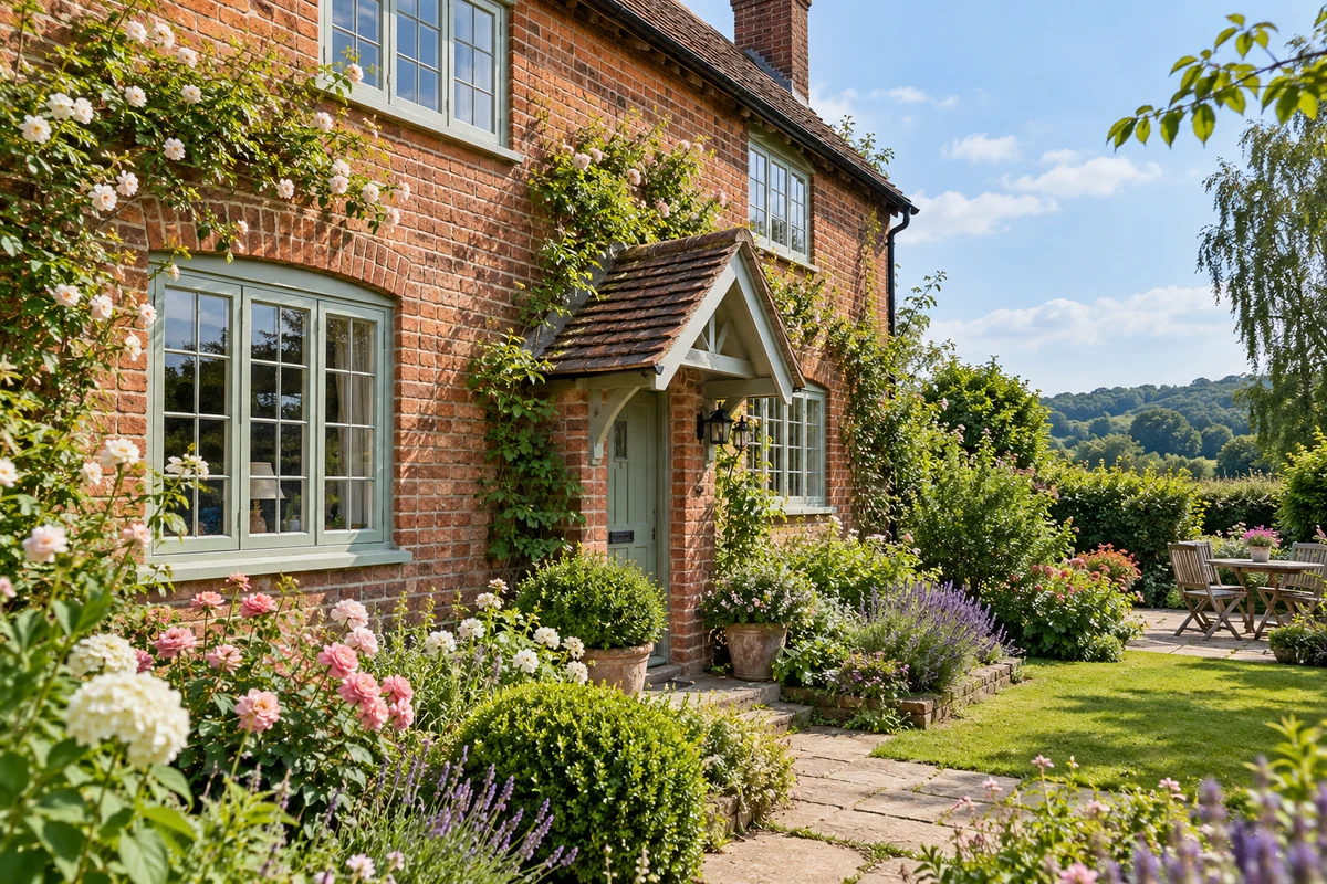 Brick cottage with painted timber casement windows and roses