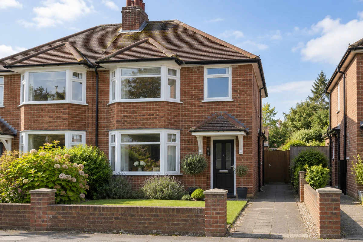 Semi-detached brick house with white uPVC casement windows
