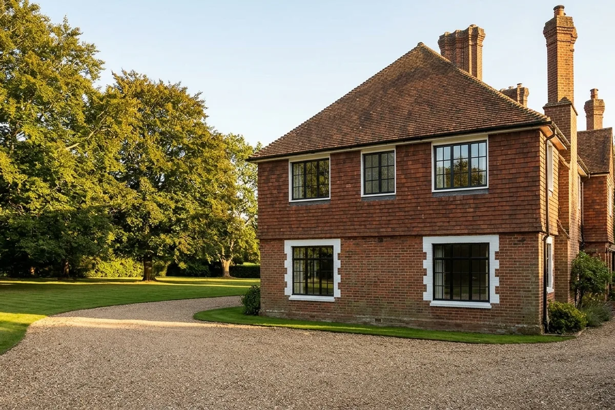 Arts and Crafts house in sunshine with slim black steel-look aluminium windows divided by glazing bars